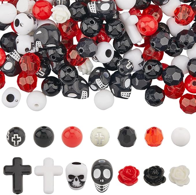 SUNNYCLUE 500Pcs Skull Bead Kit Stone Skull Beads Black Red White Rose Flower Gothic Cross Charm Crosses Charms Halloween Loose Spacers for Jewelry Making Bracelets Necklace Adult Women Gift Supplies