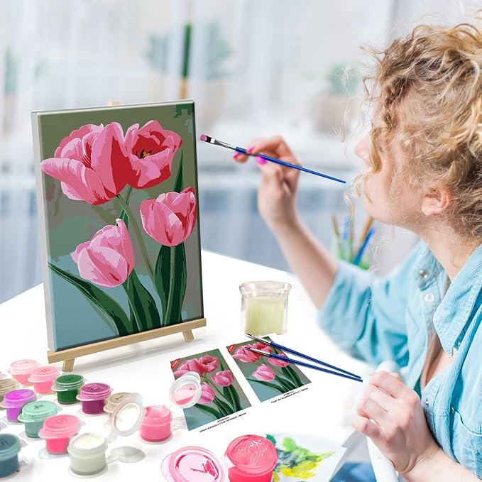 ATDMS Paint by Numbers Kit for Adults with Frame Flowers Paint by Number with Easel DIY Tulip Adult Paint by Number Kits Oil Painting Kits for Gift Home Wall Decor 8x12 Inch