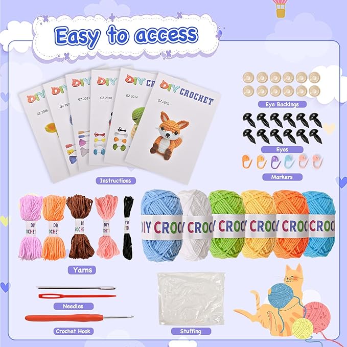 Wunila 6Pcs Crochet Kit for Beginners, DIY Craft for Adults, Great Gifts for Crochet Lovers, Crocheting Animals Kits with Step by Step Videos,Yarn,Crochet Hook,Birthday Gift, Holiday Gift