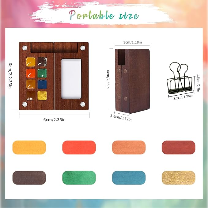 Mini Paint Palette Travel kit - Mini Watercolor Palette Set, Pocket Artist Water Color travel Set with Colours, Binder Clips, Watercolor Pens, Wooden Paint Box for Painters Artists Students