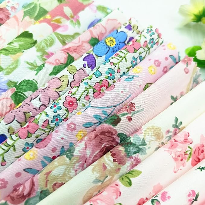 22Pcs 10" Pink Floral Fabric Squares No Repeat Charm Pack, Precut Quilting Cotton with Wavy Edges,10 Inch Squares for Quilting