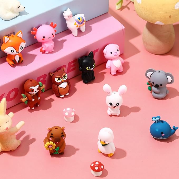12 Pcs 3D Silicone Focal Beads Pens Beads Bulk for Beadable Keychain DIY Crafts Necklace Bracelet Phone Chain Charms Jewelry Making (Animals B)