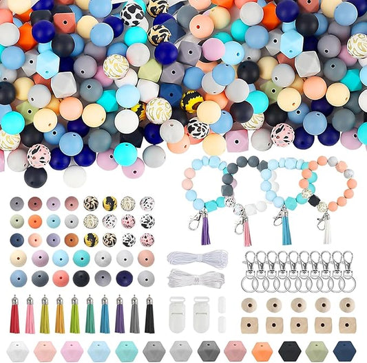 Skalamio 248Pcs Silicone Beads for Keychain Making Kit, 15mm Silicone Beads Bulk, Multiple Styles & Colorful Rubber Beads for Keychains Making DIY Necklace Bracelet Jewelry Crafts