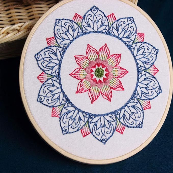 KISSBUTY Full Range of Embroidery Starter Kit with Pattern, Cross Stitch Kit Including Embroidery Fabricwith Floral Pattern, Bamboo Embroidery Hoop, Color Threads and Tools Kit (Blue Mandala)