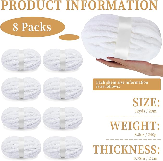 Chunky Chenille Yarn for Crocheting/Arm Knitting, Super Soft Jumbo Knit Blanket Yarn White 8 Pack (32 yds, 8.5 oz Each Pack)
