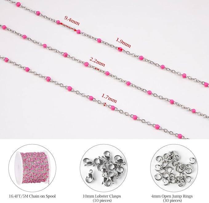 KYUNHO 16.4 Feet Stainless Steel Cable Chain Links on Roll Rose Red Enamel Bead Jewelry Supplies for Crafting Silver Chains for Jewelry Making with Jump Rings Lobster Clasps