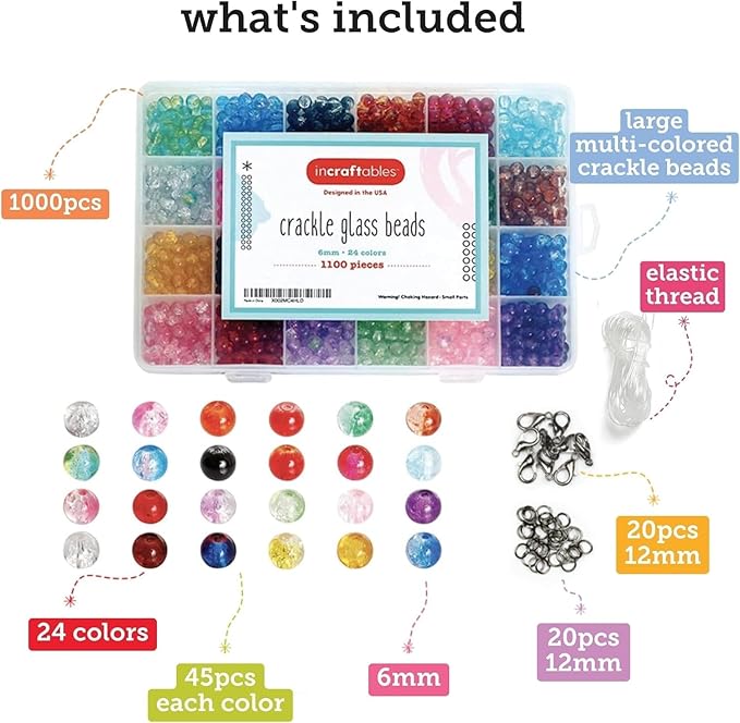 Incraftables Crackle Glass Beads 1100pcs 24 Colors. Crystal Beads for Jewelry Making Kit (6mm) for Bracelets Making for Kids & Adults with Elastic String & Organizer.