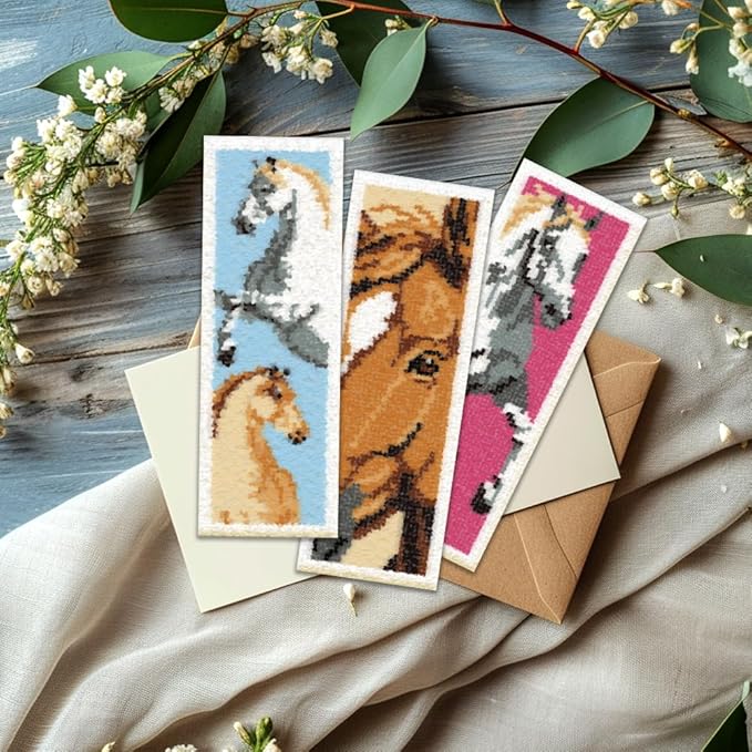 ORIGACH 6 Set Horse Cross Stitch Bookmark Kit for Beginner with Backing Felt Floss Instructions DIY Stamped Embroidery Bookmark Kit for Adults, Book Lovers