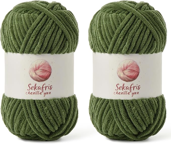 2 Pack Chunky Chenille Yarn for Crocheting, Baby Yarn for Crocheting Soft Blanket, 174.9 yds /7 oz Crochet Yarn, Bulky 5 Amigurumi Yarns, Fluffy Velvet Yarns for Knitting Crafts (2 Army Green)