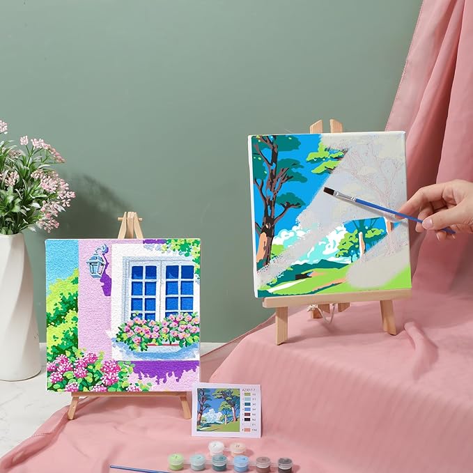 Nezyo 12 Sets Paint by Numbers Kit with Frame for Adult Beginners, Paint by Number DIY Acrylic Painting Canvas for Painting Party, Classroom Activity Birthday Gift, 8 x 8 Inch(Scenery)
