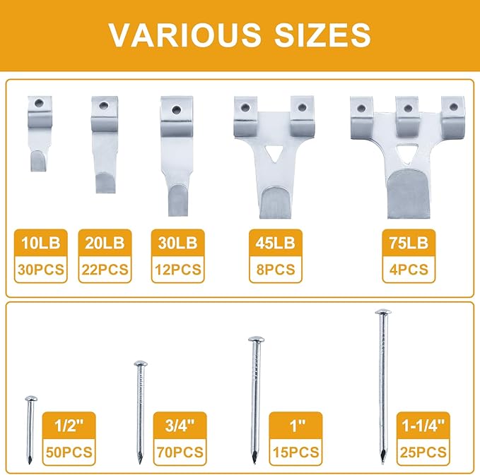 KURUI 303Pcs Picture Hanging Kit, Picture Hangers Assorted Kit with Heavy Duty Wall Hooks, Sawtooth, Picture Wire, D Rings, Hardware Nails, Eye Hooks, Silver Heavy Duty Frame Hooks