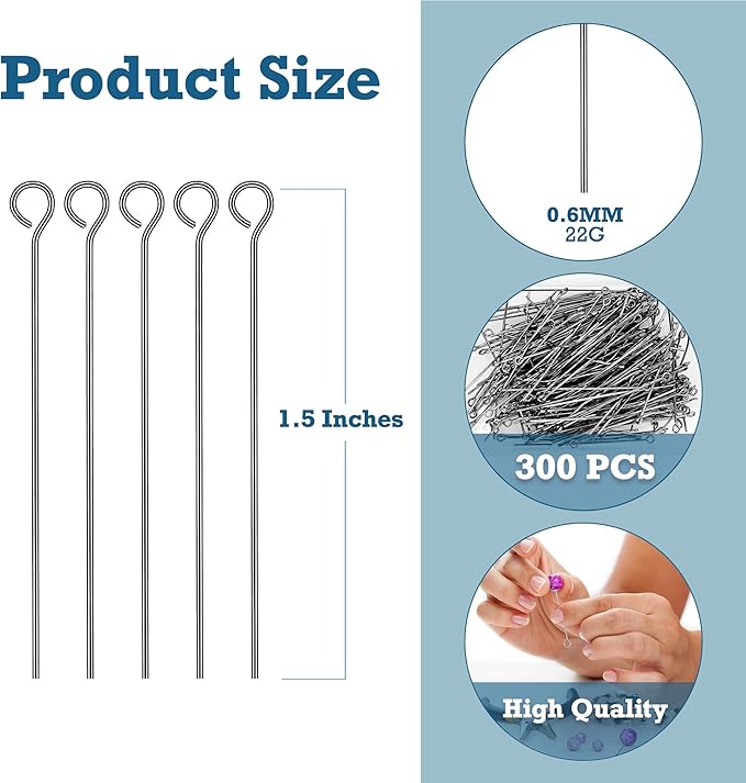 Mandala Crafts 300 1.5 Inch Gunmetal Eye Pins for Jewelry Making Earring Making Supplies Jewelry Findings Open Eye Head Pins for Earrings DIY Bracelets Rosary Charms