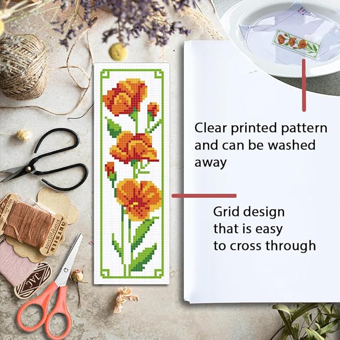 ORIGACH 6 Set Floral Cross Stitch Bookmark Kit for Beginner with Backing Felt Floss Instructions Magnolia Daffodil Rose DIY Stamped Embroidery Bookmark Kit for Adults, Book Lovers
