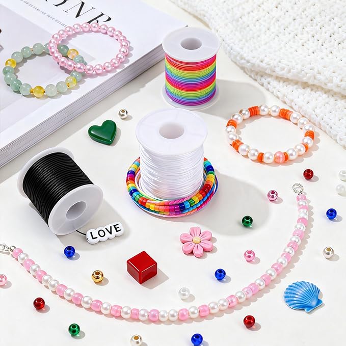 8pcs Elastic String Bracelet Making Kit, Stretchy Bracelet String (786 ft Total), 6 Rolls 1mm Stretch Cord with Scissors & 0.6mm Needle Threader for Beading and Jewelry Making.