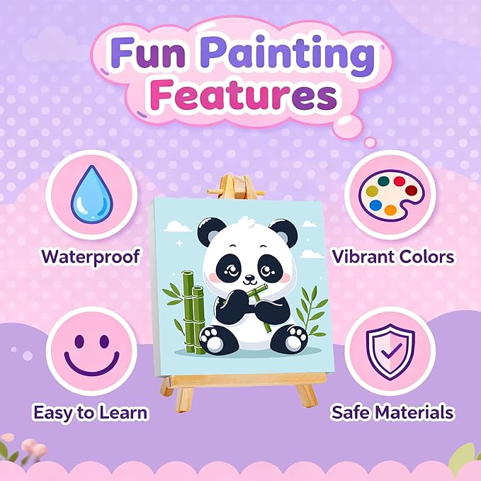 Gemozaic Paint by Numbers Kit for Kids with Frame and Easel, Cute Panda Kids Paint by Number on Canvas for Age 4-8, 8x8 Inch