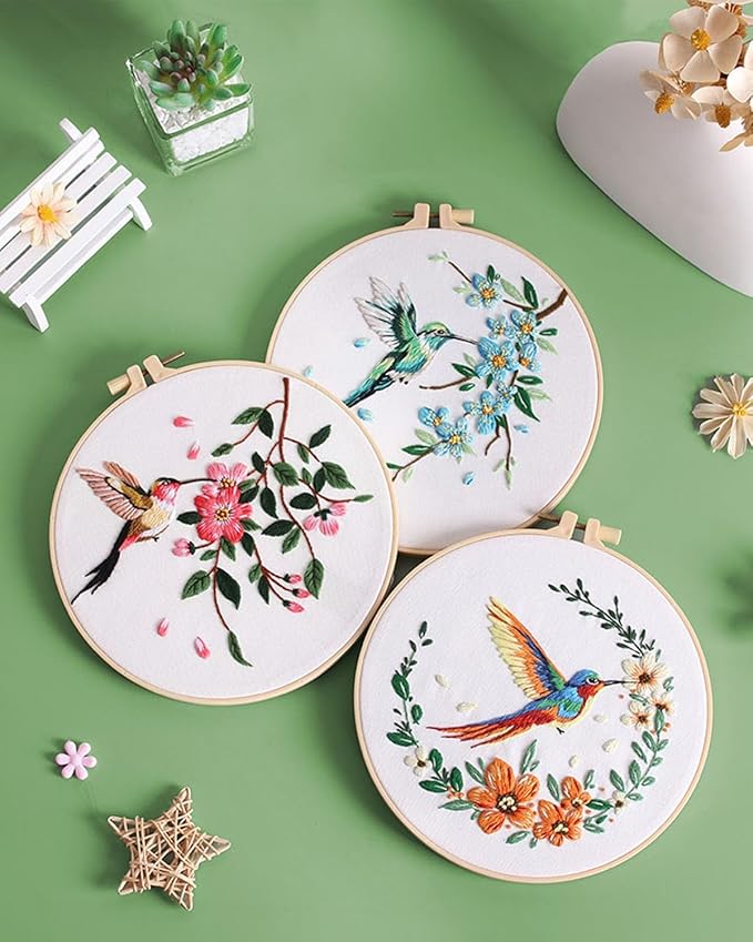 ERKOON 5 Sets Embroidery Kit for Beginners, Hummingbird and Flower Cross Stitch Set for Include Embroidery Cloth Hoops Threads for Craft Lover Hand Stitch with Embroidery Skill Techniques