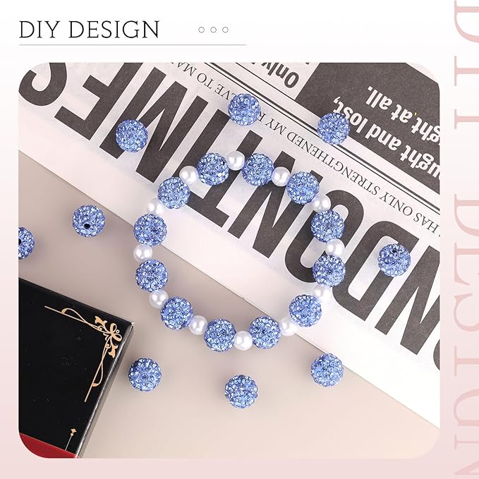 150 pcs 10mm Rhinestone Beads for Jewelry Making, Light Blue Shiny Round Shamballa Disco Beads Bulk, Sparkle Crystal Clay Christmas for Bracelet Baseball Necklace Earring Crafting and DIY