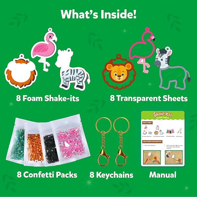 Skillmatics Art & Craft Activity - Shake-its Animals, DIY Glitter Craft Kit with Keychains, Fun & Creative Travel Toys, Party Favors & Birthday Gifts for Girls & Boys Ages 4, 5, 6, 7, 8, 9