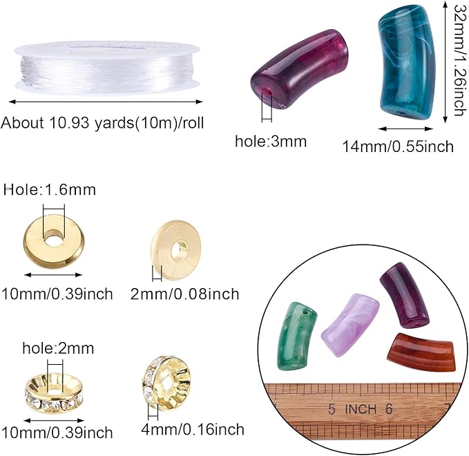 40Pcs Acrylic Chunky Tube Beads with Rondelle Brass Rhinestone Spacer Beads & Elastic Crystal Thread, Imitation Gemstone Curved Tube Beads for Bamboo Bangles Bracelet Jewelry Making