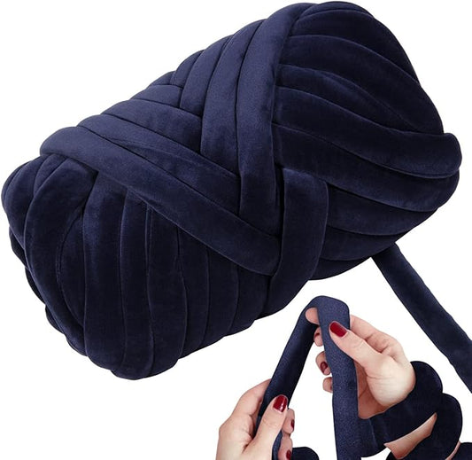 Ultra Soft 2.2 LBS (1kg) Chunky Yarn for Hand Knitting, Lush Velvet Fabric Tube Yarn to Make Handbags, Pillows, Blankets, Crafts (Navy Blue)
