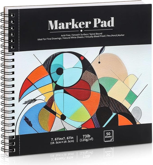 50 Sheets Marker Paper Pad, 7.6×7.6 Inch Bleedproof Art Sketch Pad, 73lb/120gsm Drawing Paper Spiral Sketch Book, Alcohol Marker Paper Painting Coloring Paper for Beginners, Artists, Ideal Gift