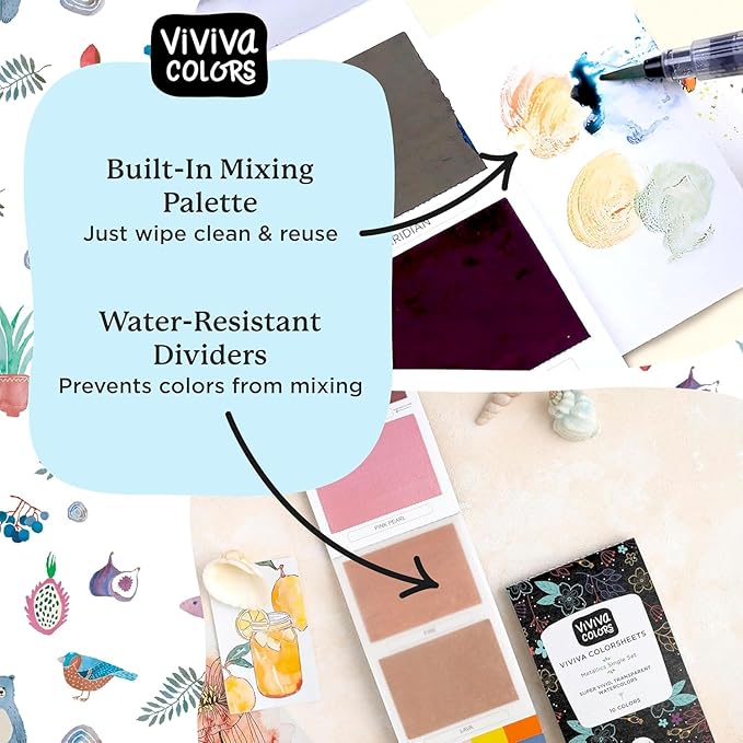 Viviva Watercolor Sheets, Metallic 10 Colors - Travel Watercolor Paint Set for Adults, Beginners, Artists, Hobbyists - Lightfast, Vibrant, Handmade & Portable Watercolor Kit with Mixing Palette