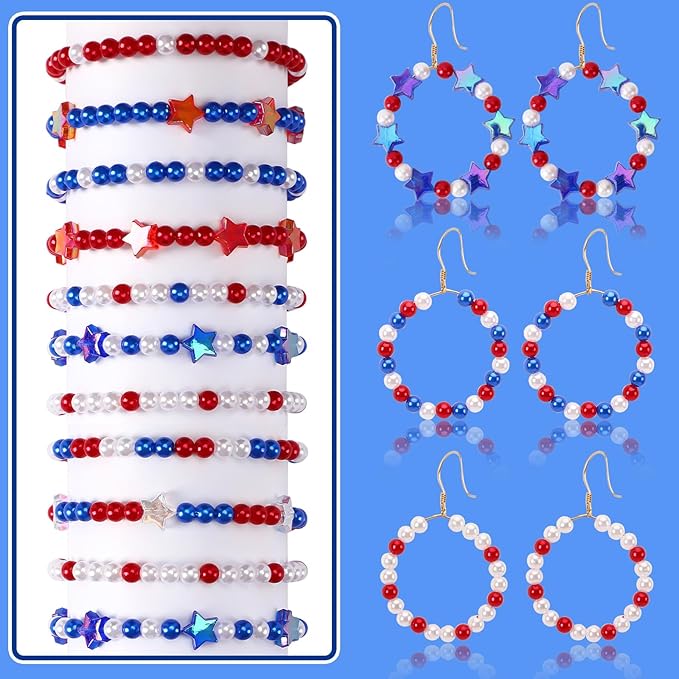 UPINS 1200Pcs Red White Blue Beads, 4th of July Patriotic Round 6mm Pearl Beads for Jewelry Making Independence Day Party Decoration Necklace Bracelets Earrings Hair Beads DIY Crafts Supplies