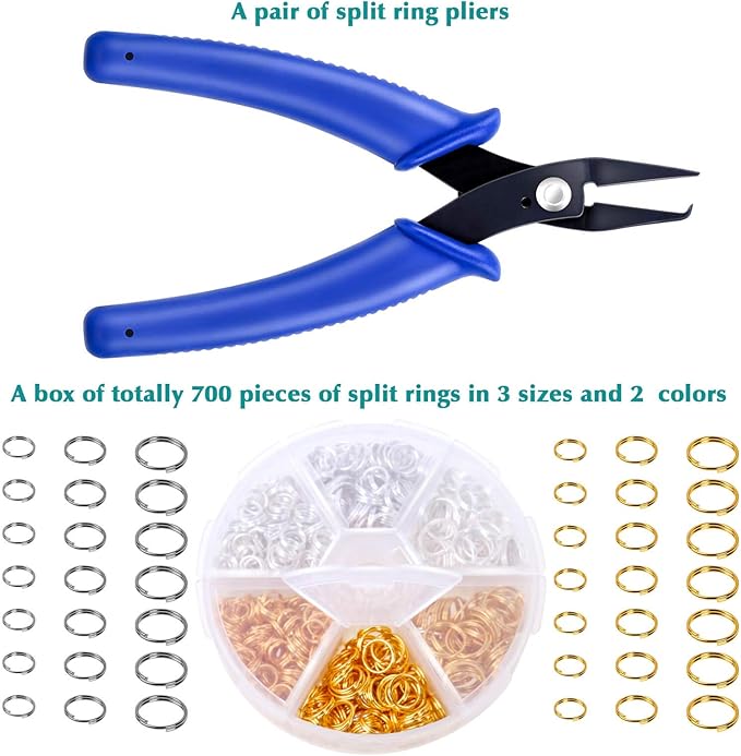 Split Rings for Jewelry Making, Caffox 700pcs Small Split Ring with Split Ring Pliers, Double Closed Jump Rings Craft Jump Loops Opener for Necklaces and Bracelets