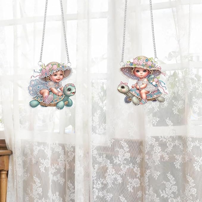 2 Pack Turtle Diamond Painting Hanging Decorations – 5D DIY Cute Animal Wall Ornaments, Sea Turtle Riders Design, 15x14.7 cm Each, Special Shaped Diamond Art Kit for Ocean-Themed Home Decor & Gift