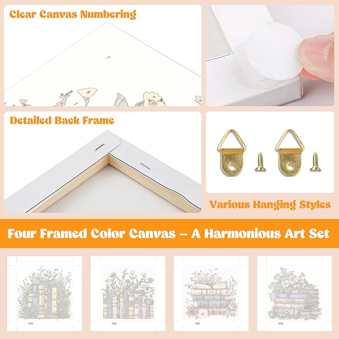 Lxmsja 4 Pack Floral Library Paint by Numbers Kit for Adults, Easy Framed Paint by Numbers for Adults Beginner, DIY Acrylic Oil Painting Craft Kits for Home Wall Decor 8x8 inch
