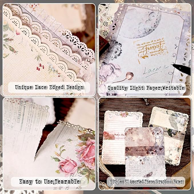 30 Sheets Lace Edged Vintage Scrapbook Paper, Assorted Set - 3 Pack Background Decorative Paper Ephemera for Junk Journaling Supplies, Scrapbooking, Collage, Stationery Letter Writing