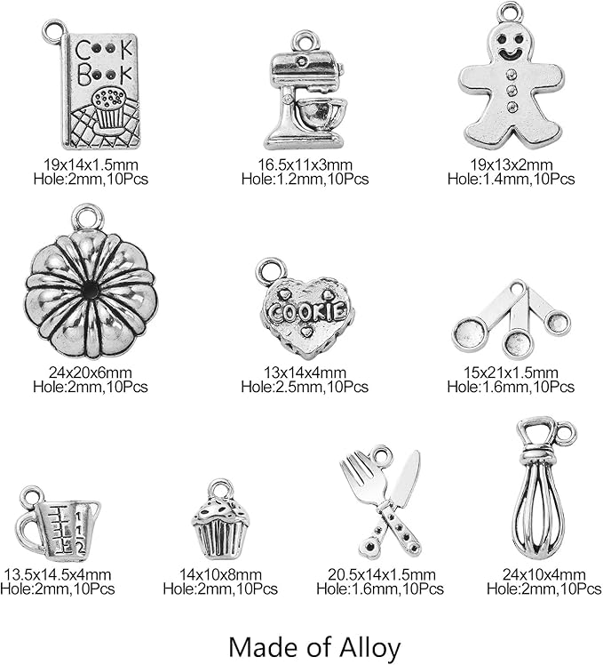 DanLingJewelry 100Pcs 10 Styles Baking Charms Cupcake Bakery Coffee Egg Beater Cookies Charms for DIY Jewelry Making
