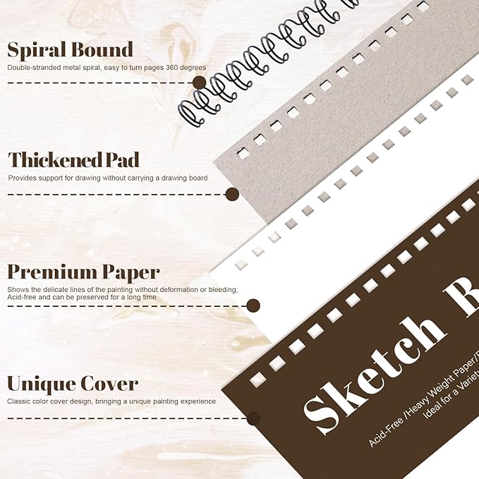 4 pack sketch book, 9 x 12 inch sketchbook, 68lb/100gsm top spiral bound sketch pad, acid free art supplies drawing painting sketching paper for kids, beginners, artists (tan)