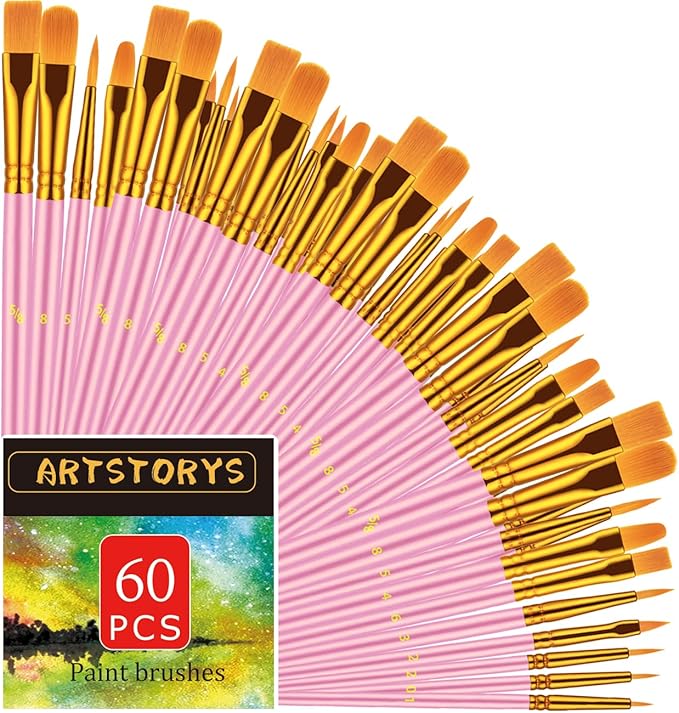 Paint Brushes Set, 60 Pcs Paint Brushes for Acrylic Painting, Oil Watercolor Acrylic Paint Brush, Artist Paintbrushes for Body Face Rock Canvas, Adult Drawing Arts Crafts Supplies, Pink