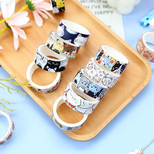 Cute Washi Tape Set, 12 Rolls Kawaii Cat Decorative Tape Cartoon Cat’s Paw Masking Tape for Journaling Supplies, Junk Journal, Scrapbooking, DIY Arts & Crafts, Planners, Gift Wrapping