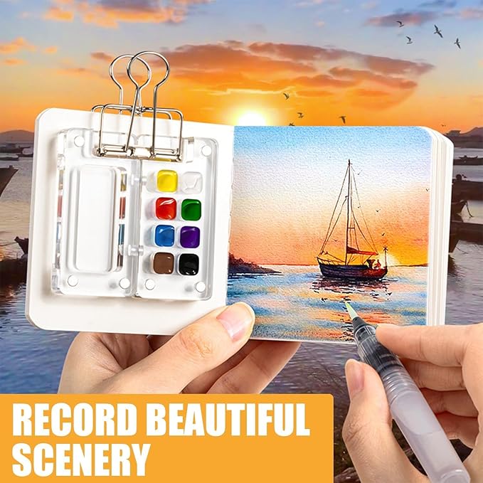 Mini Travel Watercolor Set Pocket Artist Watercolor Travel Set Grid Palette Box Sketch Book Brush Pens With Binder Clips For Painters Artists Students