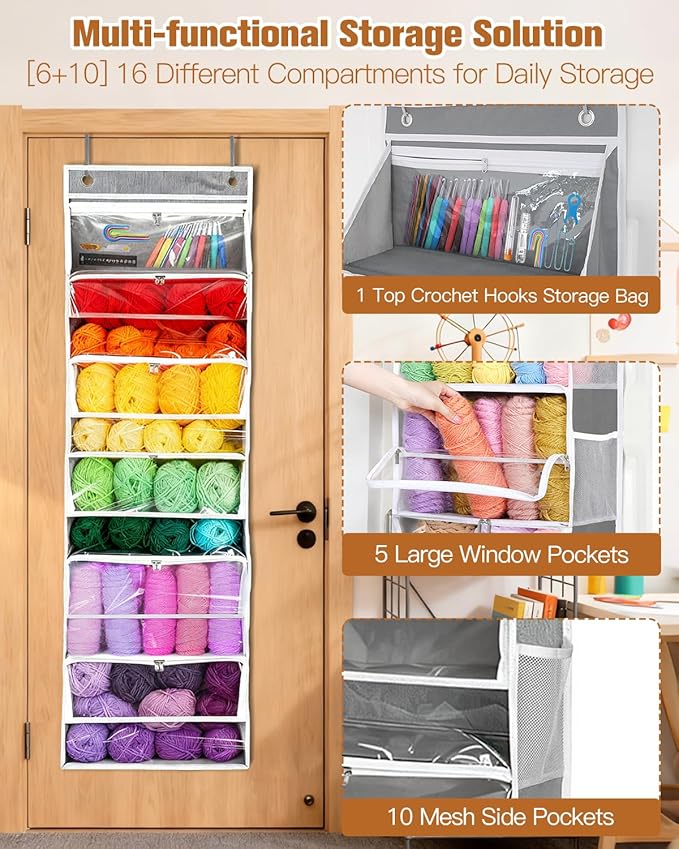 Hanging Yarn Storage Organizer, Large Capacity Over the Door Yarn Organizer with 6 Clear Zipper Pockets 10 Mesh Side Bags, Hanging Yarn Holder Knitting Storage Bag for Crochet Hooks, Grey
