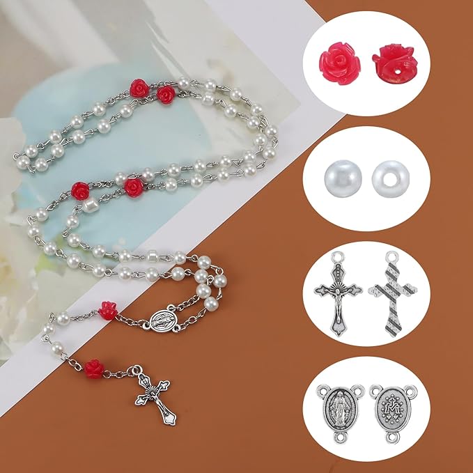 610Pcs Rosary Jewelry Making Kit, Rosary Pearl Beads Carved Rose Beads Rosary Cross Centerpiece Crucifix Medal, Rosary Prayer Making Supplies First Communion Necklace Bracelet Jewelry Making