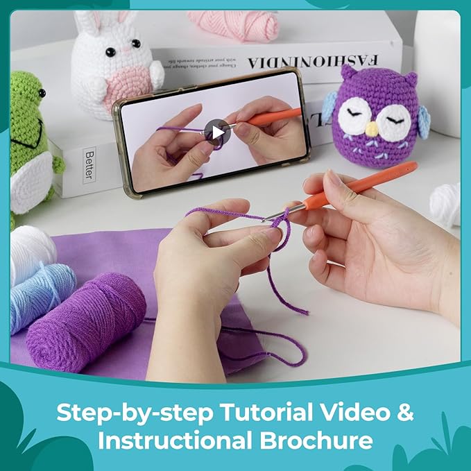 YESJOLI Crochet Animals kit for Beginners,Crochet Knitting kit Crafts for Adult Women DIY with Step-by-Step Video,Easy Learn tutorials to Crochet Kits,Yarns,Hook,Accessories (White Rabbit Frog owl)