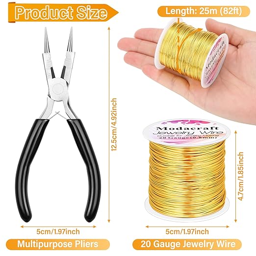 Modacraft 20 Gauge Gold Jewelry Wire & 4-in-1 Pliers Kit - 82FT Tarnish Resistant Copper Craft Wire (0.8mm) for Wire Wrapping, DIY Jewelry Making, Christmas Ornaments & Holiday Decorations