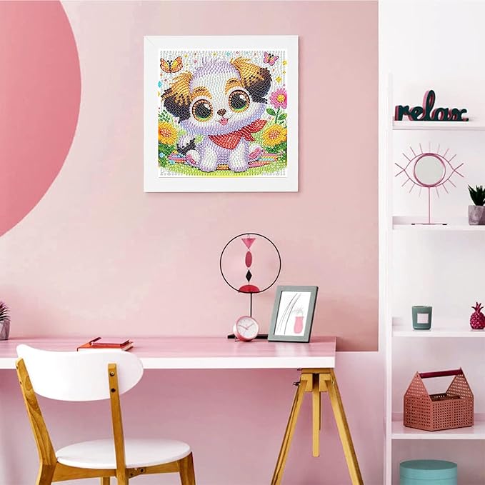 Dog Diamond Art Painting Kits for Kids with Frame, Animal Diamond Art for Kids Ages 4-8-12 with Frame, Easy Small Cute Gem Painting Kit for Gift Home Wall Decoration (7x7 inch)