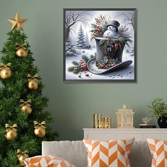 Christmas Diamond Painting Kits for Adult, Xmas Snowman Hat Forest Diamond Art Kits for Beginner, 5D DIY Full Drill Winter Holiday Rhinestone Diamond Dots Gem Painting Art Craft Home Decor 14 x14 Inch