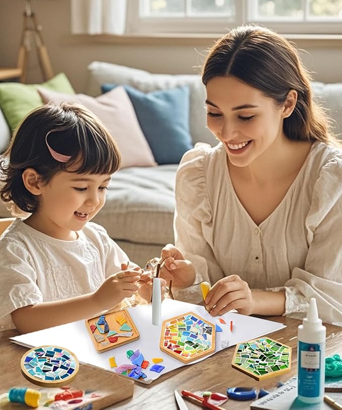 4 Sets DIY Mosaic Kits for Adults with Wooden Coasters, Mixed Color Glass Mosaic Tiles Craft Kits for Adults Women, Complete Mosaic Coaster Making Kit for Home Decor Gifts (4, Laser Style)