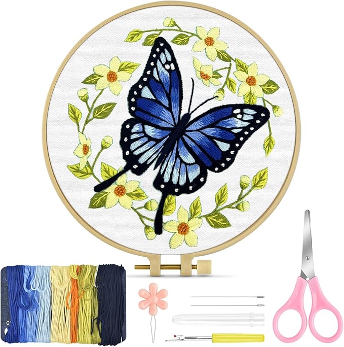 TINDTOP Embroidery Kit for Beginners Adult, Butterfly Embroidery Kit for Beginners Include Embroidery Cloth Hoops Threads for Craft Lover Hand Stitch with Embroidery Skill Techniques