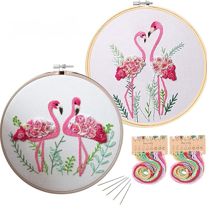 konrisa flamingo embroidery kit for beginners with pattern floral stamped full range of embroidery starter kit for adults cross stitch kit with embroidery cloth, hoops, color thread and tools,set of 2