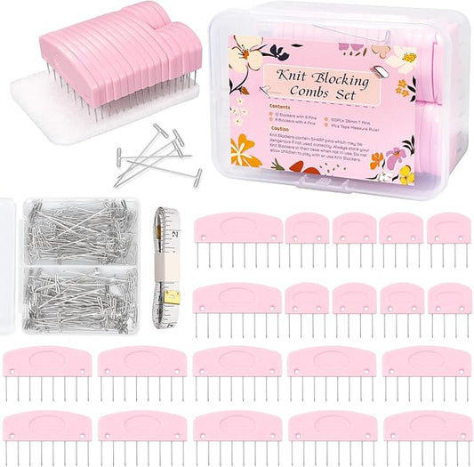 120 Pcs Knit Blocking Combs and Pins Set, 20 Pcs Pink Color Knit Blockers Pins Kit, 100 T-pins for Blocking Knitting Crochet, Needlework Projects, Knitting Blocker Pins Tool for Blocking Mats