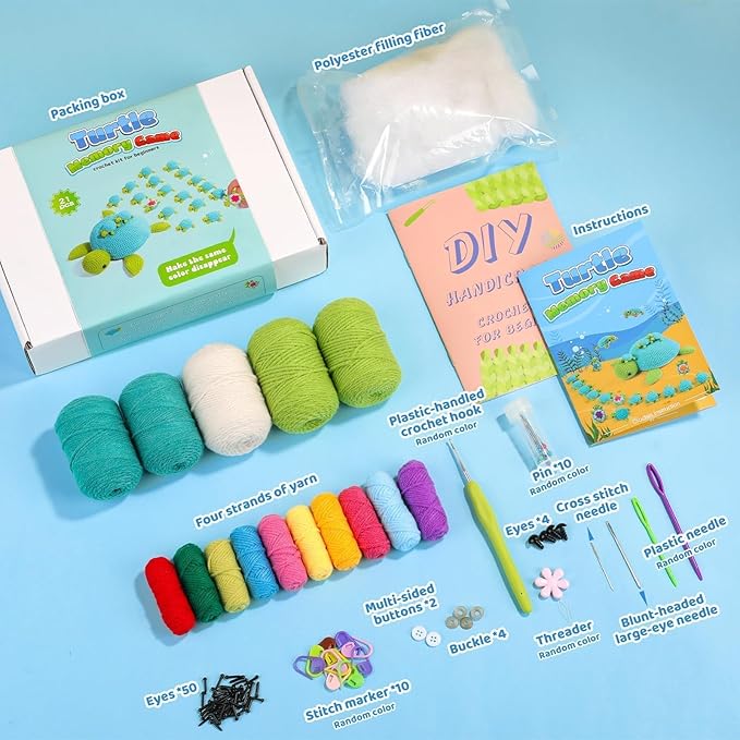 FOUSNOW Crochet Kit for Beginners, 21 Pcs Turtles Family Crochet Animal Kit for Adults, Memory Matching Game, Crochet Start Kit with Step-by-Step Video Tutorials, Accessories, Craft Art