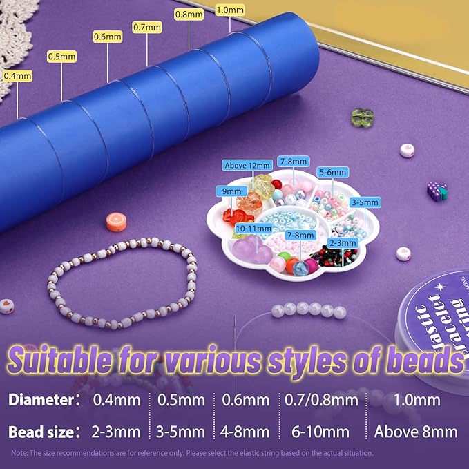 UOOU 6 Size Elastic String for Bracelets, 0.4mm,0.5mm,0.6mm,0.7mm,0.8mm,1mm Clear Stretchy Bracelet String with Beading Needles, Friendship Bracelet String for Jewelry Making Supplies