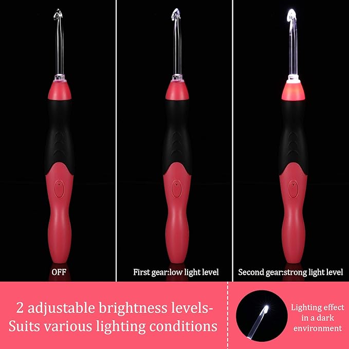 Chuangdi 11 Sizes Lighted Crochet Hooks Set Rechargeable Crochet Hook Light up Hooks with Case, Interchangeable Heads 2.5 mm to 8 mm for DIY Craft Supplies(Red-Black)
