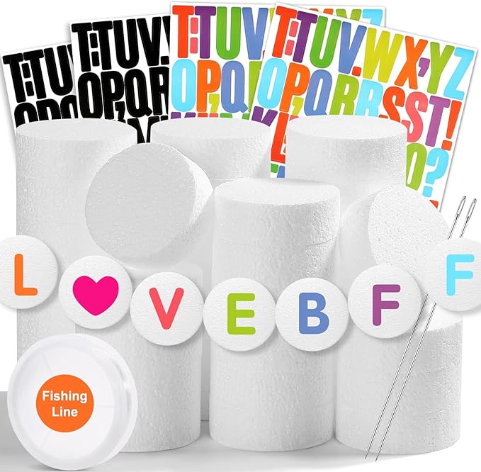 36Pcs Craft Foam Circles with Letter Stickers, Long Needles and Fishing Line for Bracelet Banner Garlands 3 Inch Round Foam Discs for Birthday Party Decorations, Sculpture, Art and Crafts Supplies